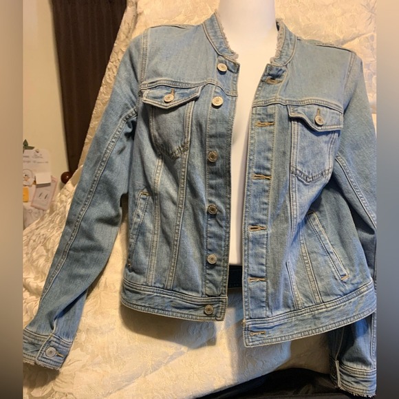 Talbots Jackets & Blazers - Talbots‎ Womens XS Light Wash Denim Jacket Collarless Frayed Raw Edge VN5214
